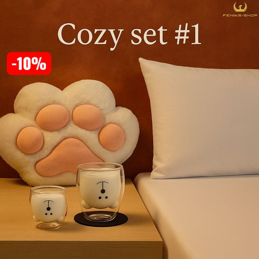 Cozy set #1 - 3u1 jastuk šapa + Plahta s gumicom 220x240cm + Čaša Medo 100ml