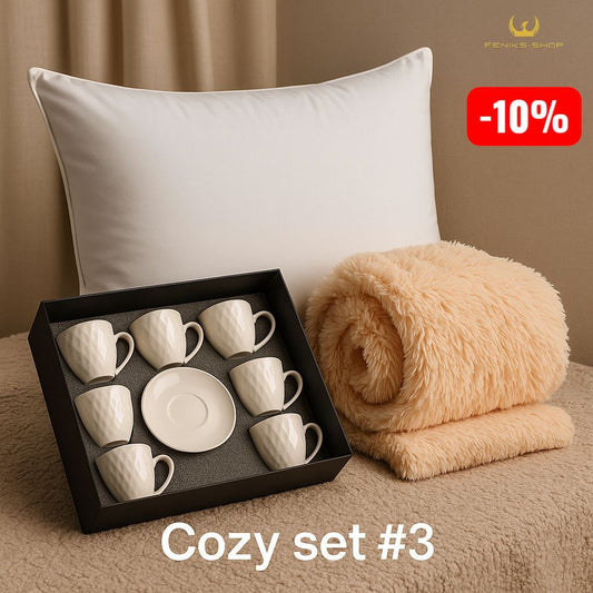 Cozy set #3 - Krznena deka + Jastuk 50x70cm + Set od 6 šalica i tanjurića - bijele