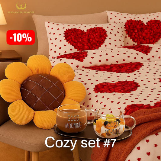 Cozy set #7 - Posteljina srca + Jastuk suncokret + Čaša Good morning 350ml