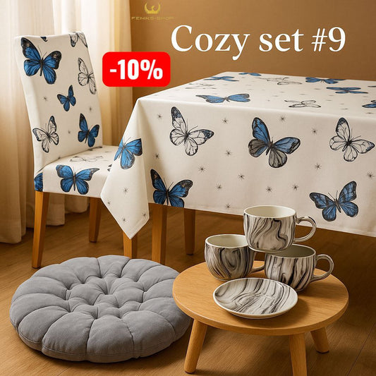 Cozy set #9 - Set stolnjak + 6 navlaka za stolice + Pliš jastuk + Set 6 šalica + tanjuri