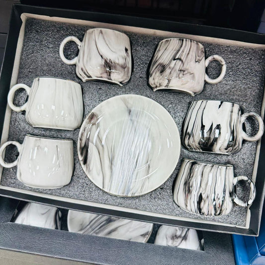 Set od 6 šalica + tanjurići - Crne šare