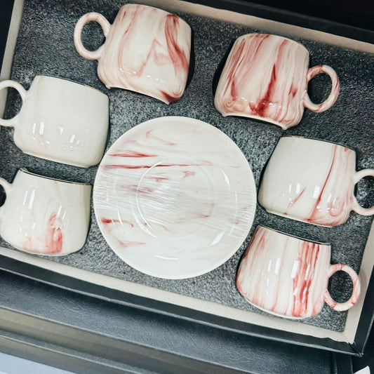 Set od 6 šalica + tanjurići - Crvene šare