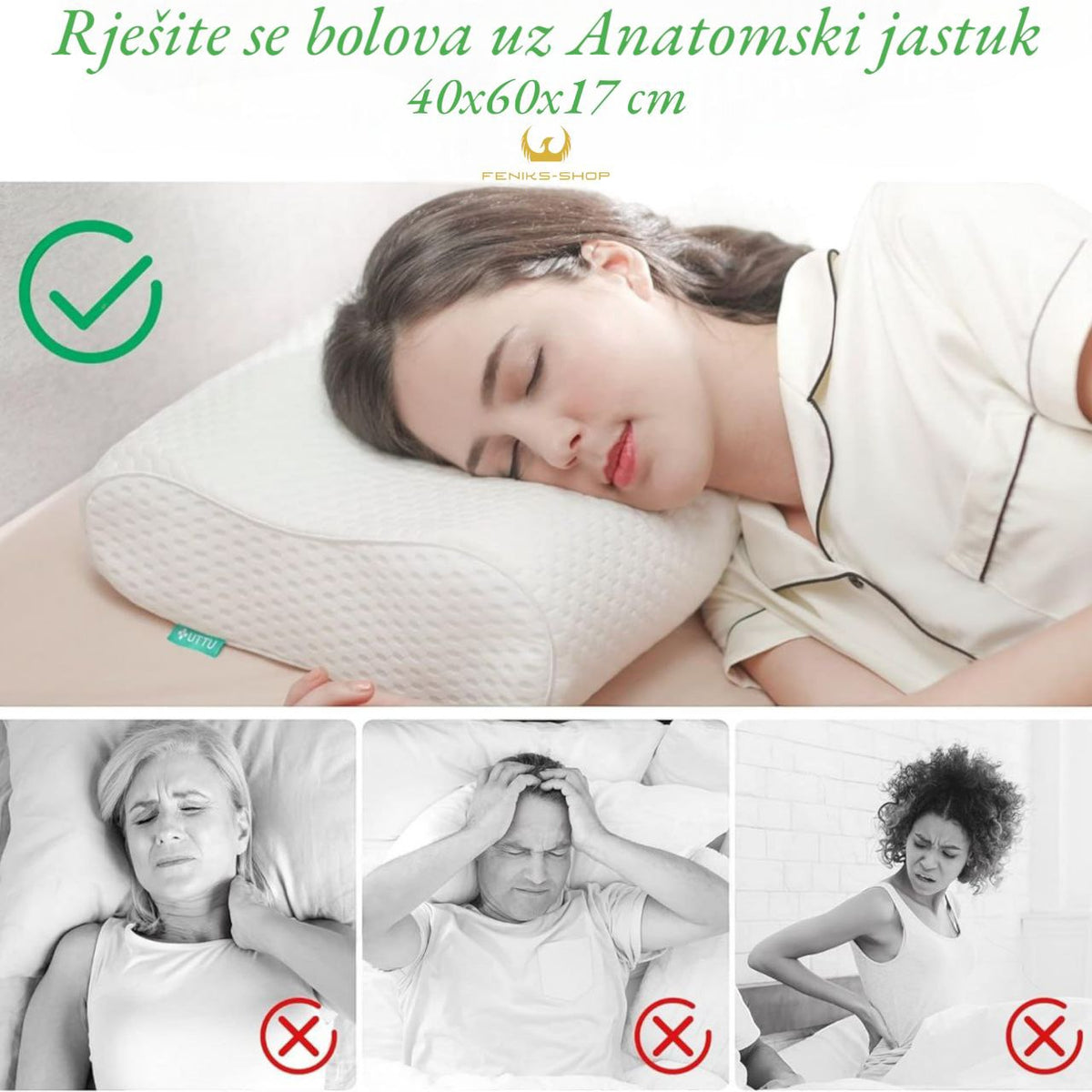 Anatomski jastuk za spavanje od memorijske pjene 40x60x17 cm - Feniks-shop
