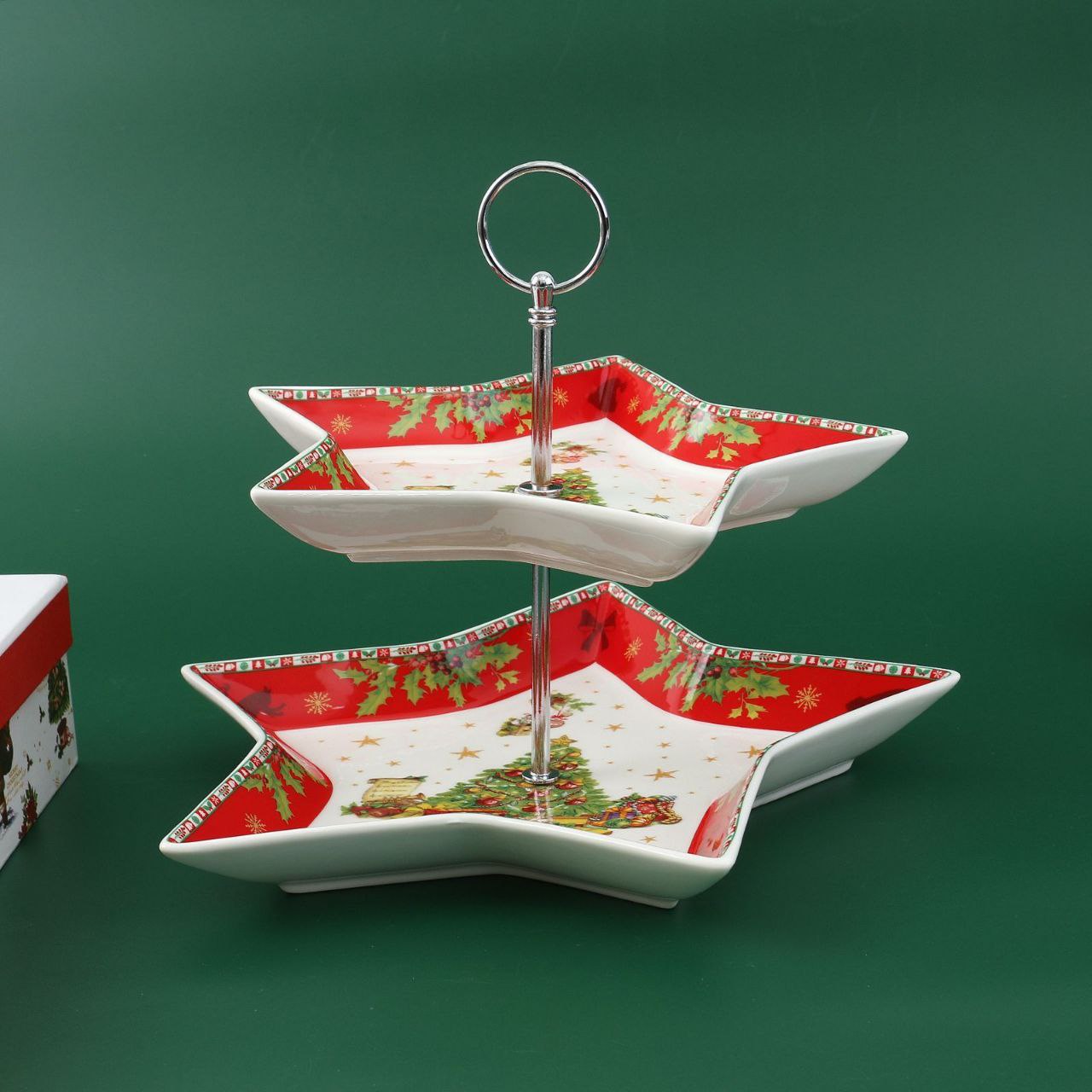 Božićni Dvoslojni Porculanski Stalak za Kolače – Zvjezdasti Dizajn