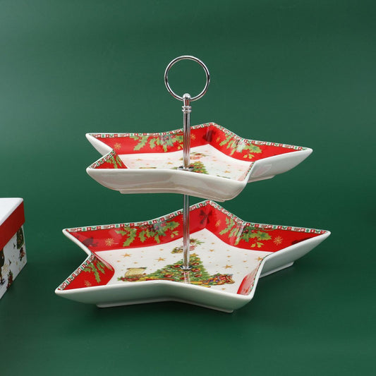 Božićni Dvoslojni Porculanski Stalak za Kolače – Zvjezdasti Dizajn
