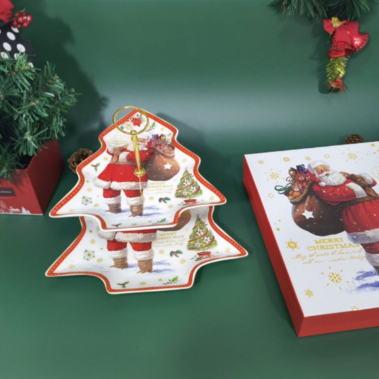 Božićni Dvoslojni Stalak za Kolače – Porculanski, Djed mraz