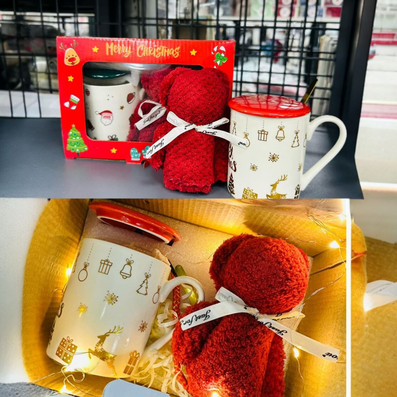 Božićni Poklon Set – Šalica s poklopcem + mekana božićna krpa