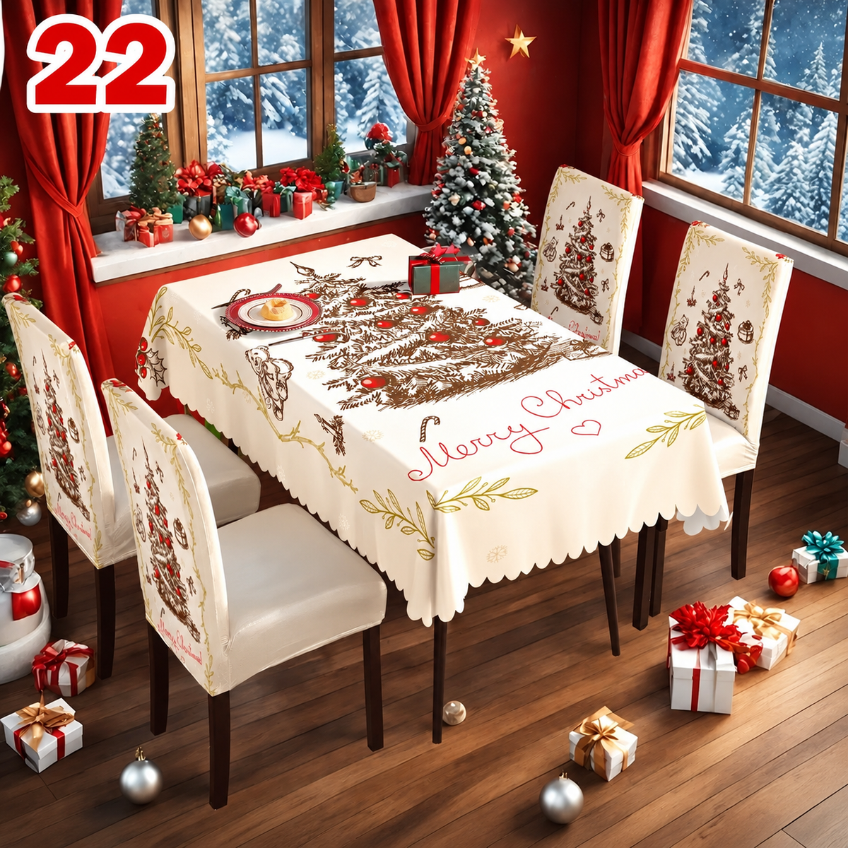 Božićni stolnjak + 6 rastezljivih navlaka za stolice