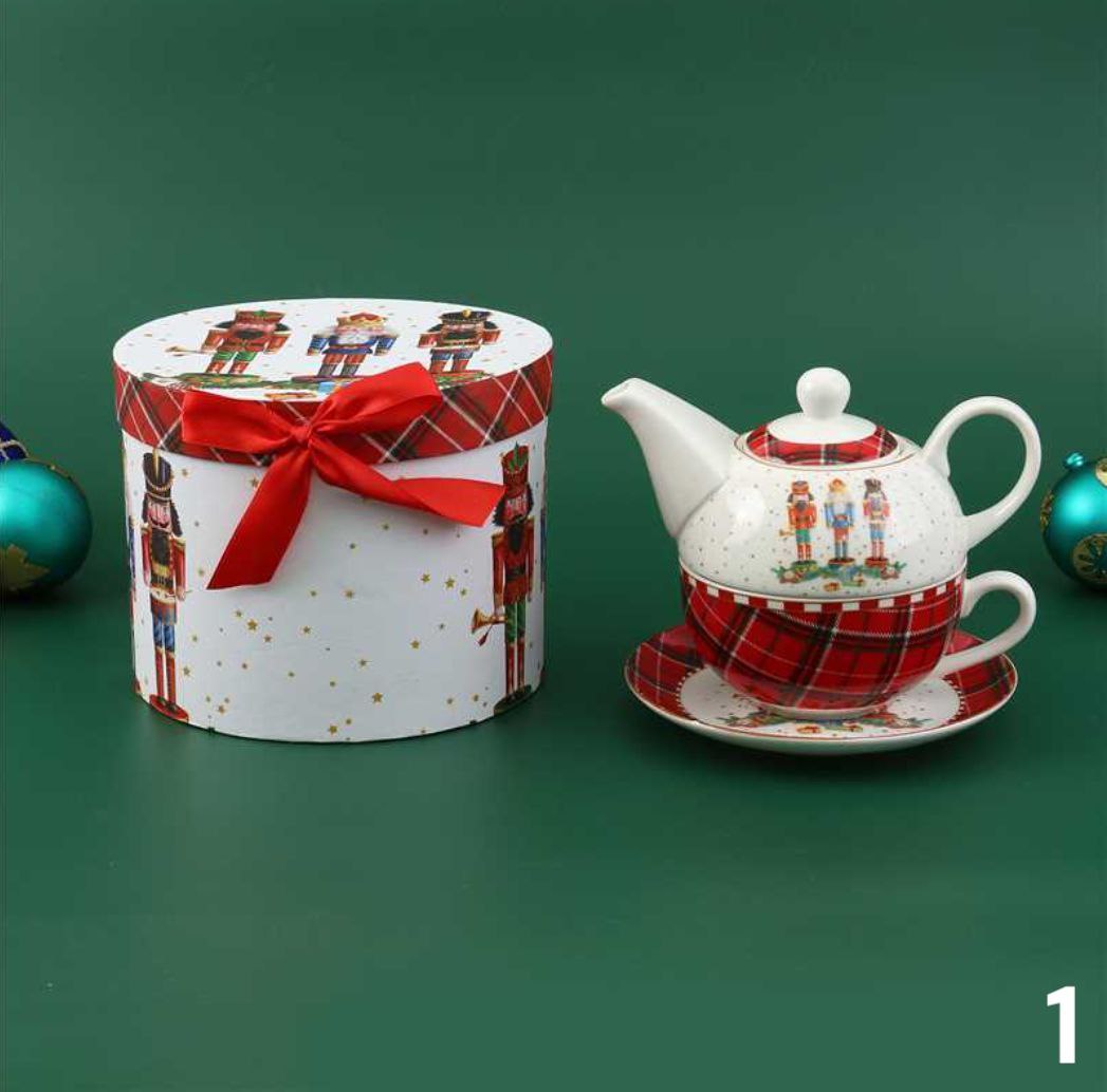 Božićni čajnik + tanjur u poklon kutiji