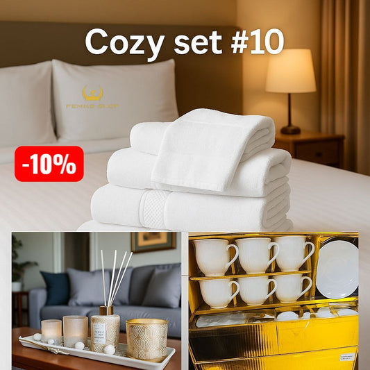Cozy set #10 - Hotelski ručnici + Set 6 šalica + tanjuri bijeli + Mirisni set Street light