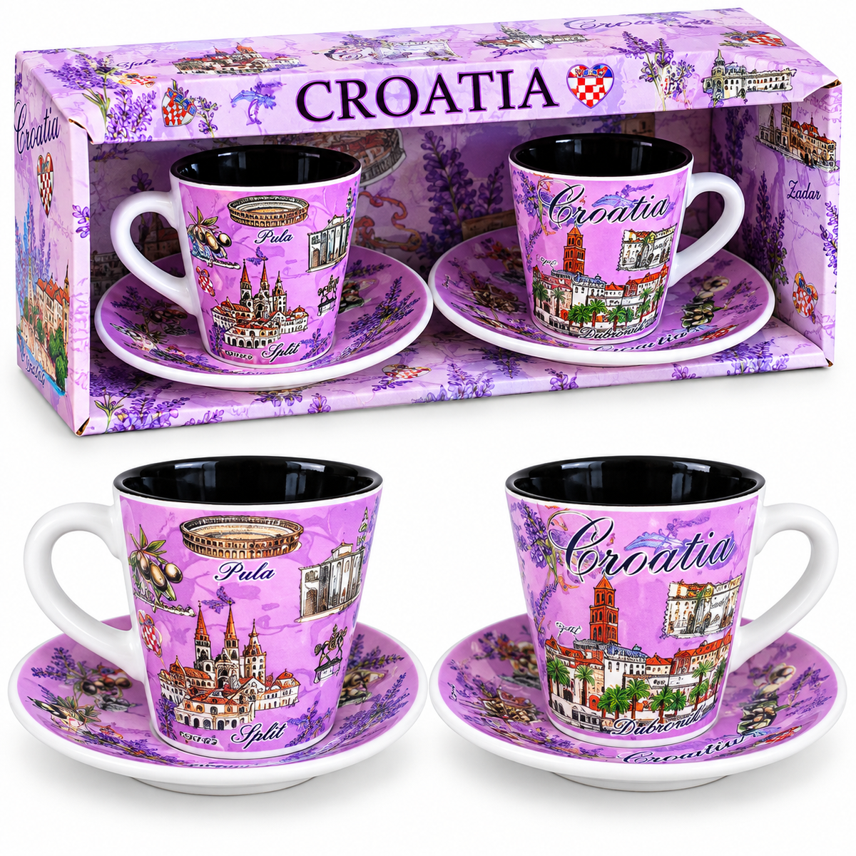 Hrvatski suvenir espresso set Croatia Lavanda – 2 šalice i 2 tanjurića