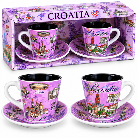 Hrvatski suvenir espresso set Croatia Lavanda – 2 šalice i 2 tanjurića