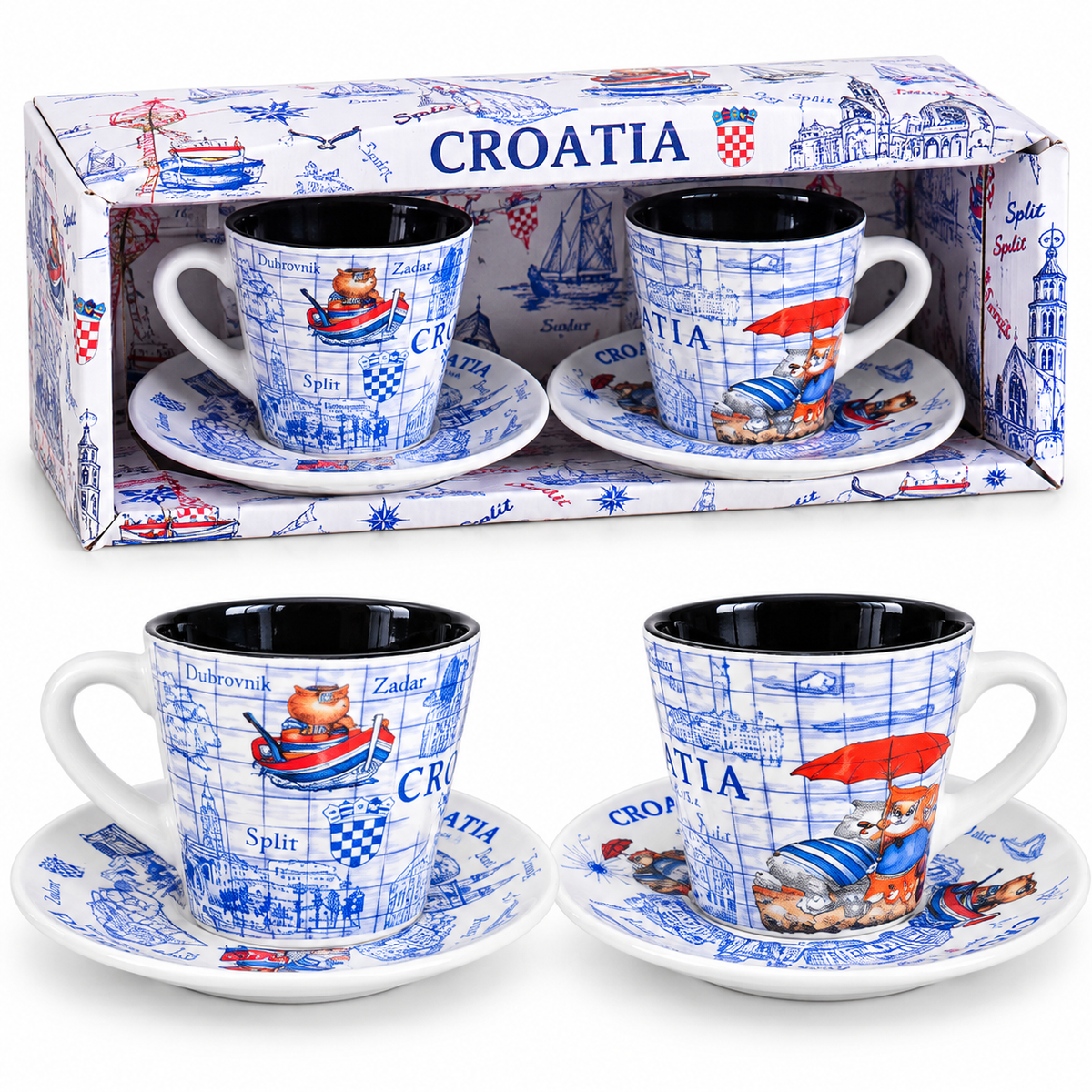 Hrvatski suvenir espresso set Croatia – 2 šalice i 2 tanjurića u poklon kutiji