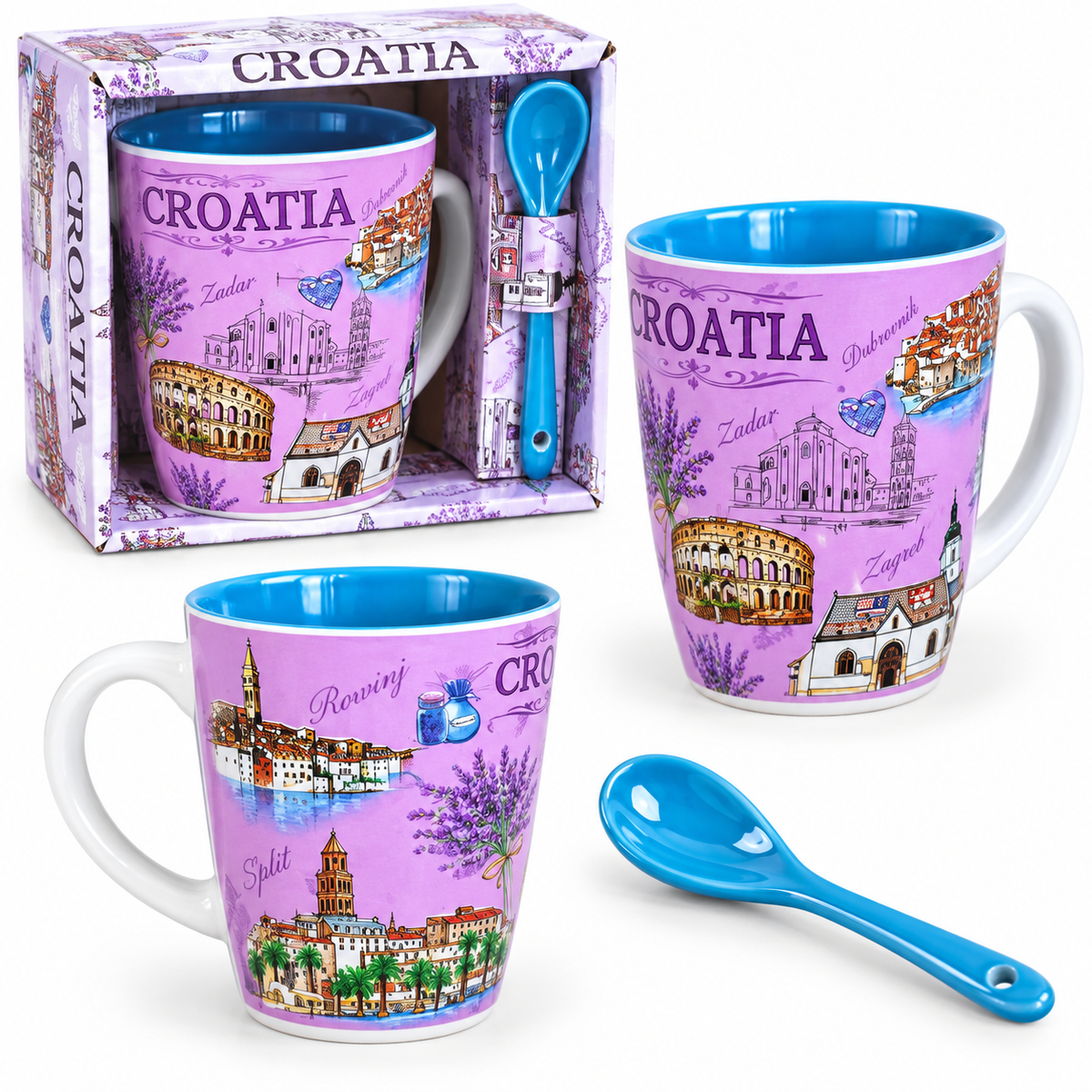 Hrvatski suvenir set Croatia Lavanda – šalica 300 ml sa žličicom