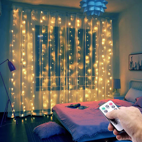 Lampice zavjese 300kom toplo bijele 2x2m na struju + daljinski - Feniks-shop
