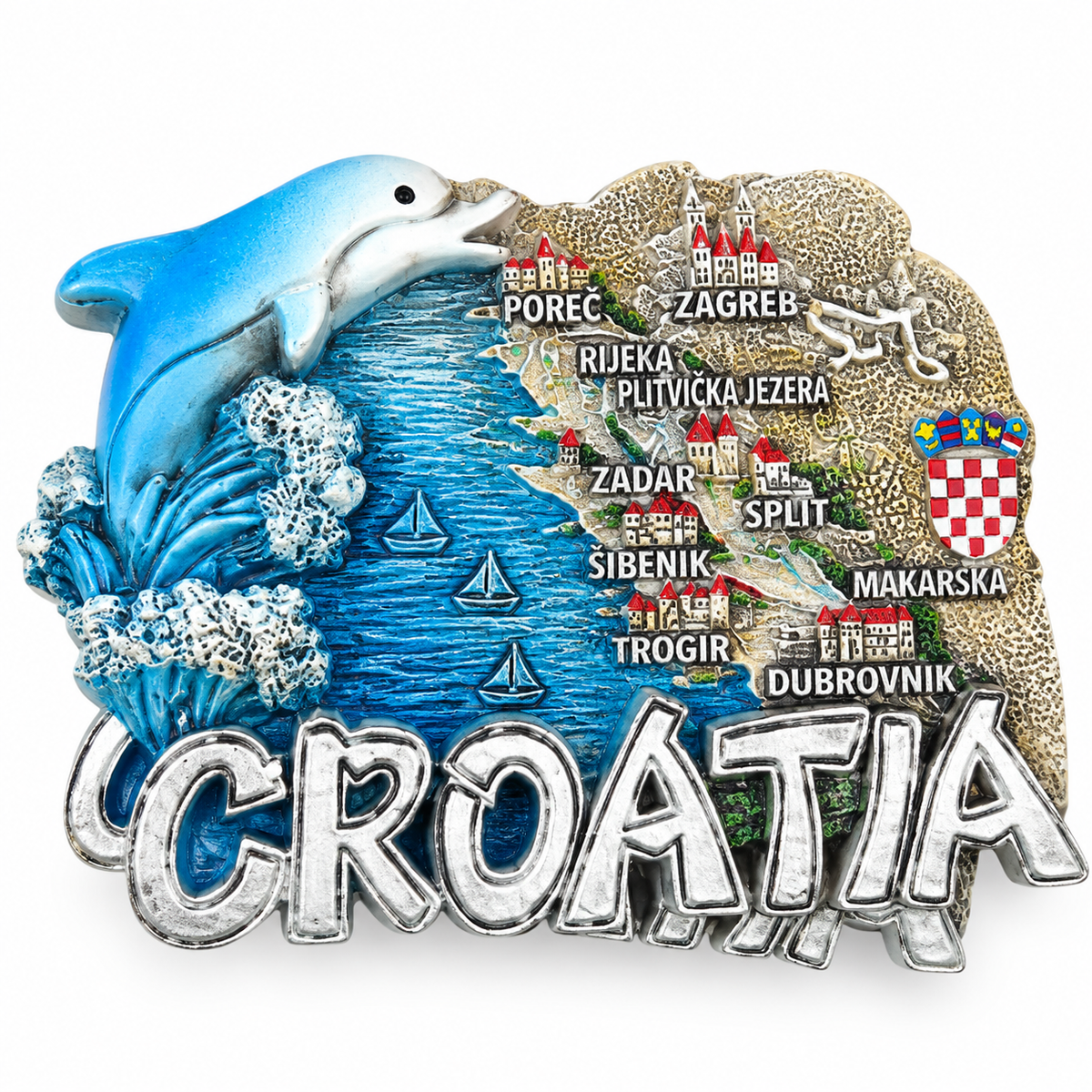 Magnet Croatia – karta Hrvatske s gradovima i dupinom