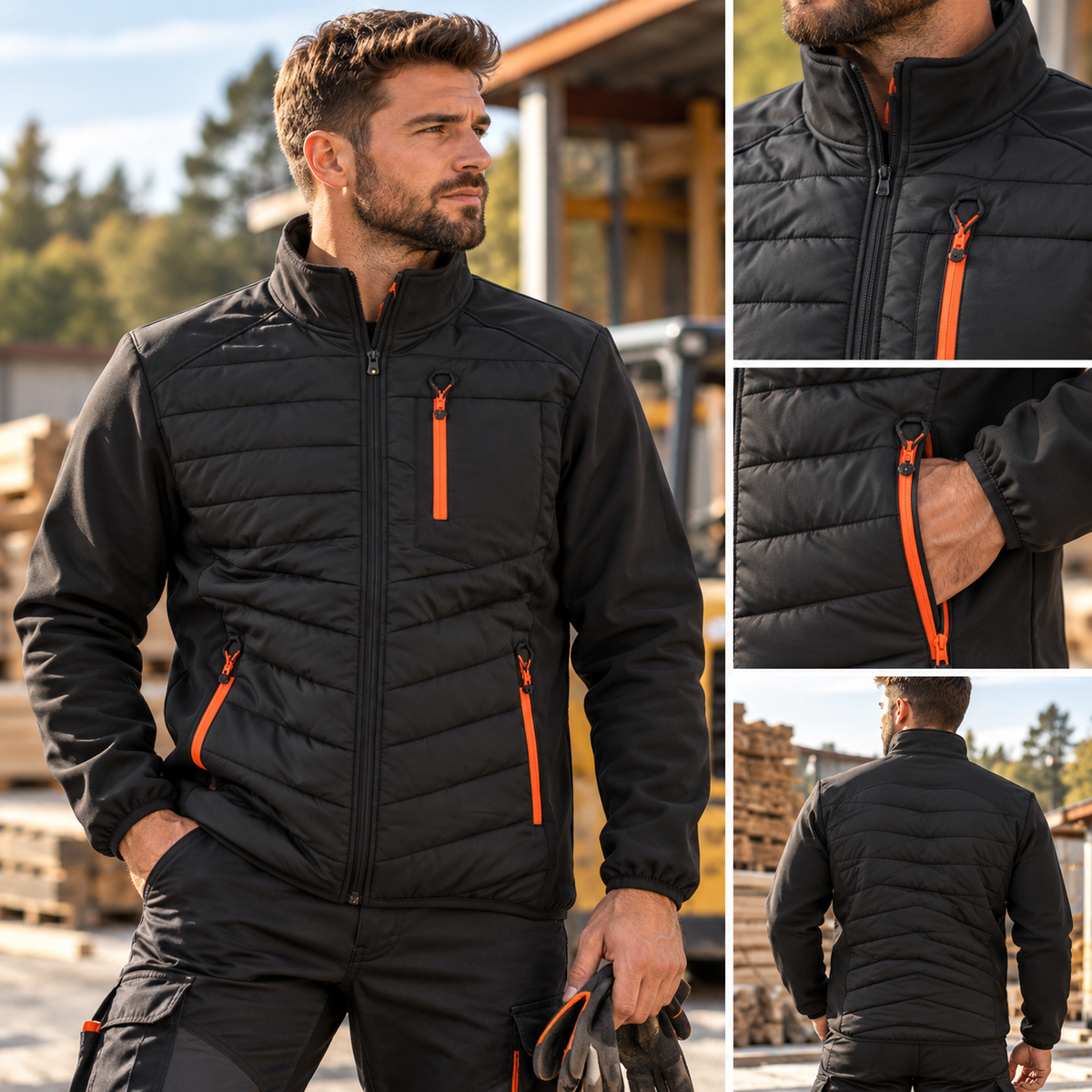Muška softshell jakna s prošivenim prednjim dijelom – crno-narančasta