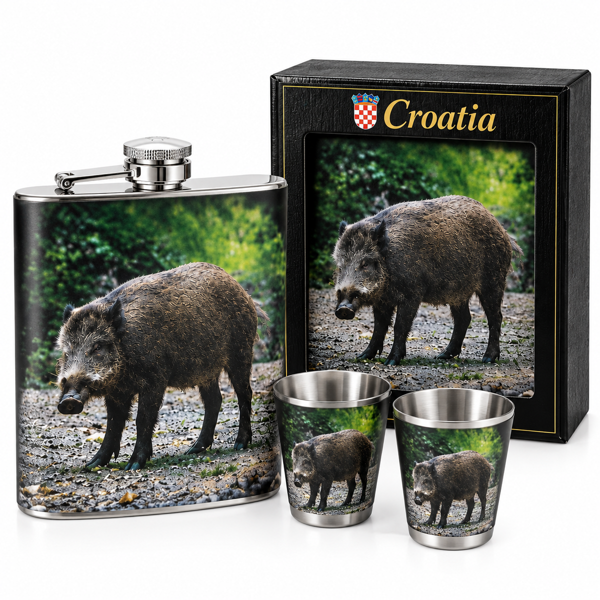 Poklon set pljoska + 2 čašice Divlja svinja – Croatia