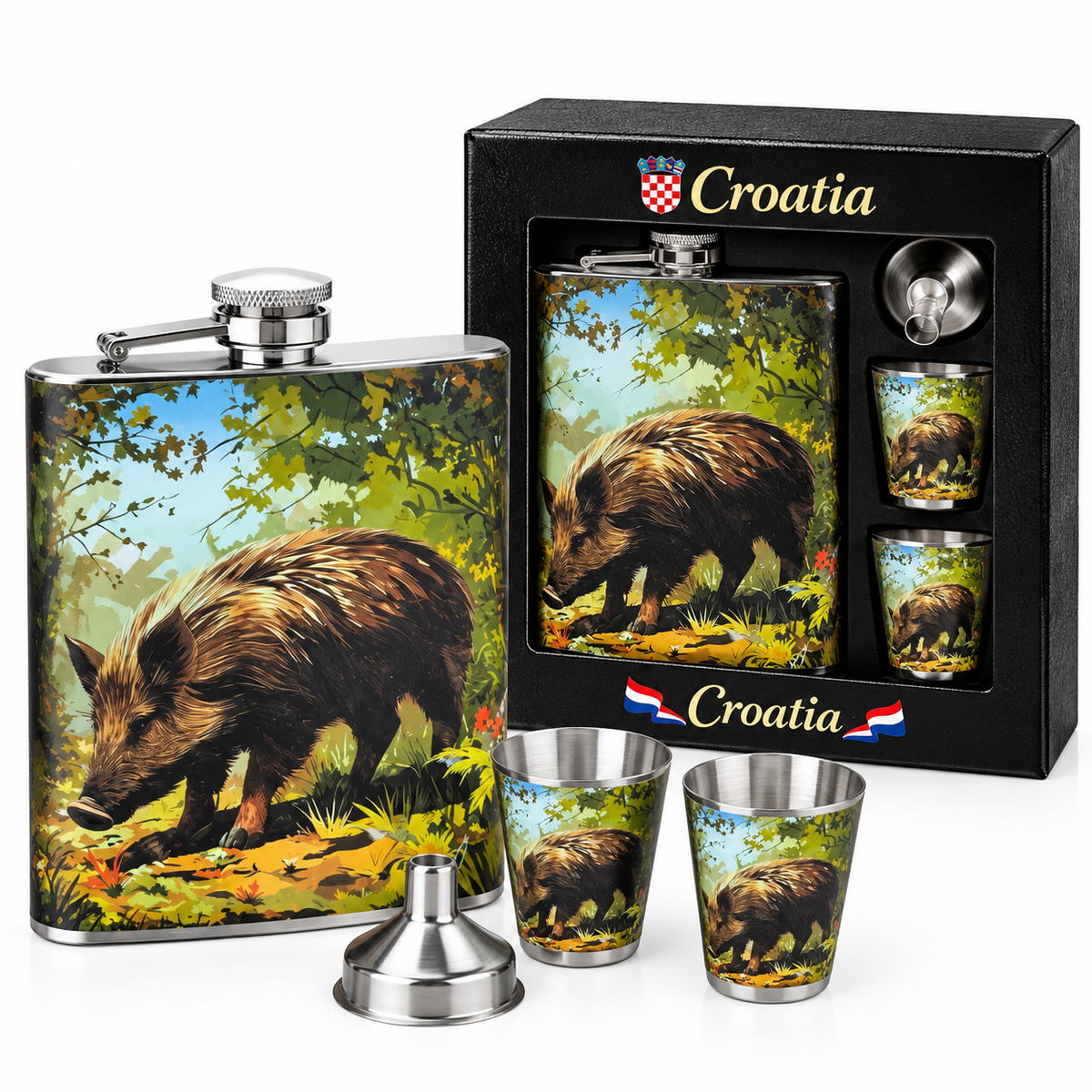 Poklon set pljoska + 2 čašice + lijevak Divlja svinja u šumi – Croatia