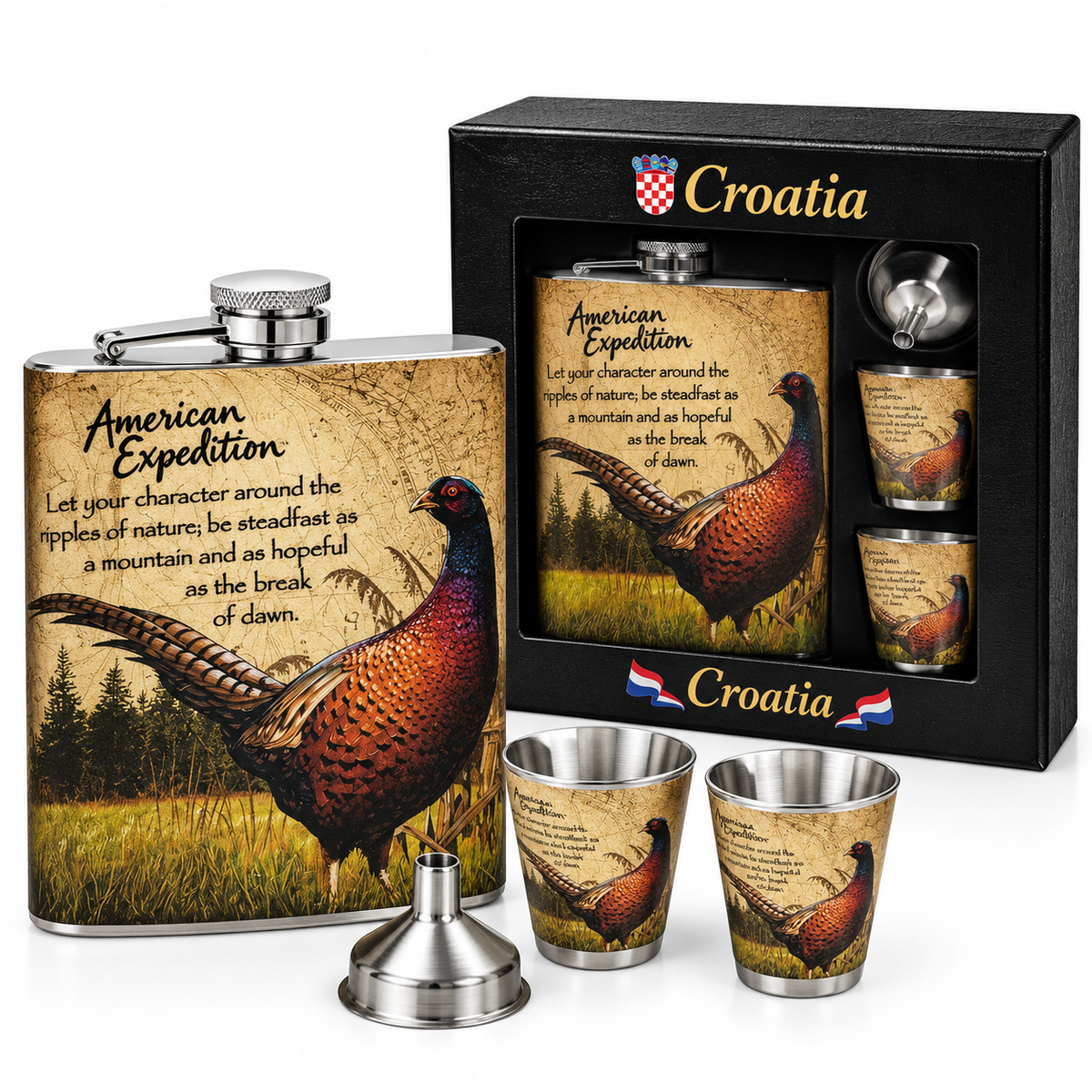 Poklon set pljoska + 2 čašice + lijevak Fazan – Croatia