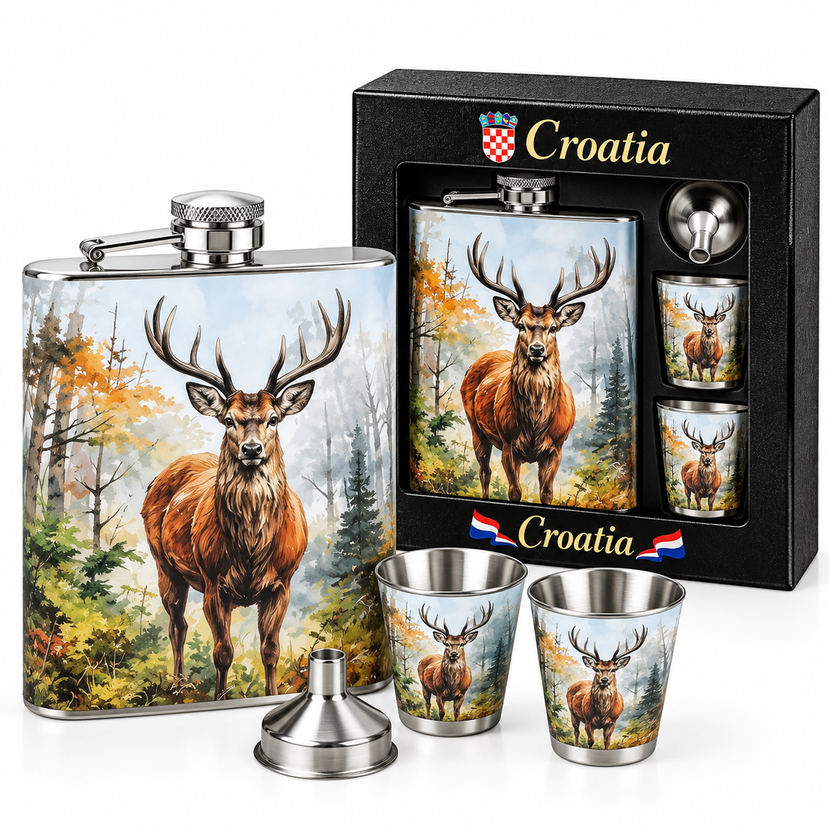 Poklon set pljoska + 2 čašice + lijevak Jelen – Croatia