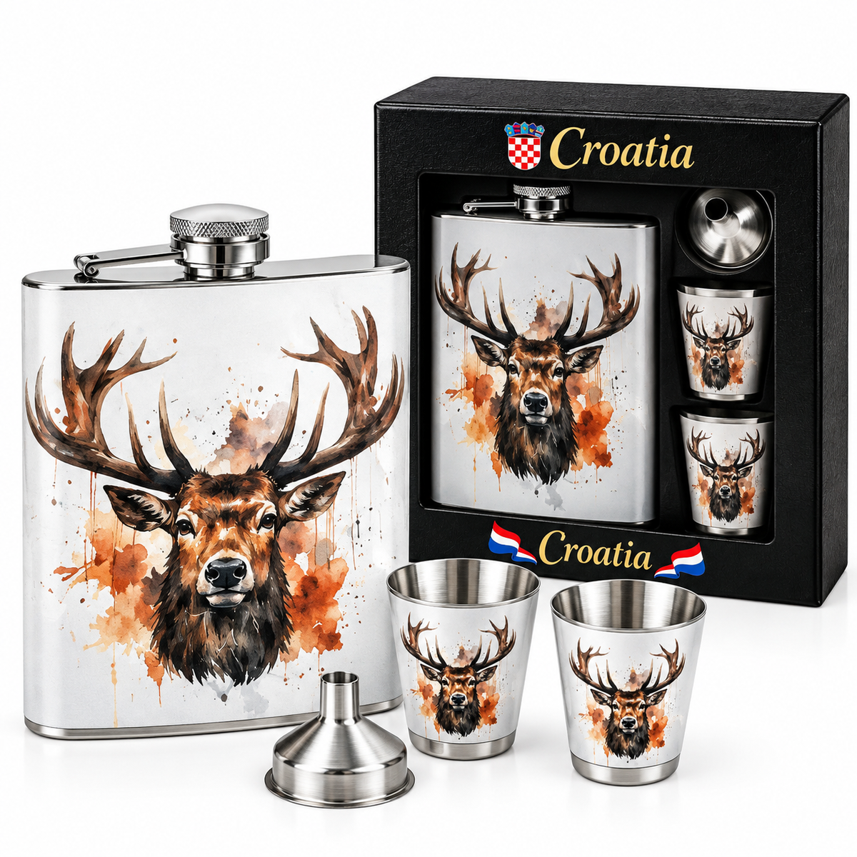 Poklon set pljoska + 2 čašice + lijevak Jelen akvarel – Croatia