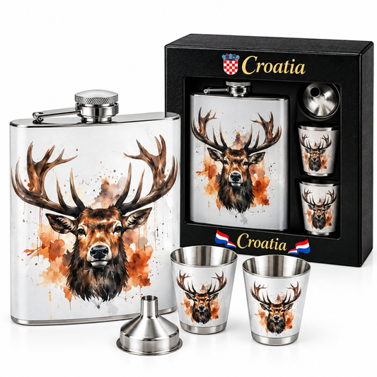 Poklon set pljoska + 2 čašice + lijevak Jelen akvarel – Croatia