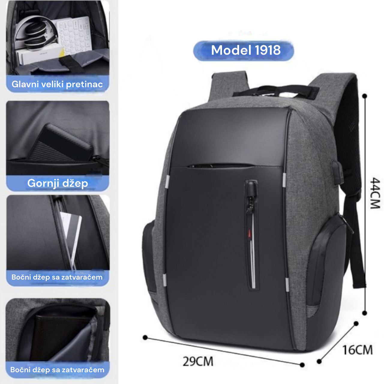 Ruksak sa više pretinaca + usb priključak 1918 ( 2 boje ) - Feniks-shop