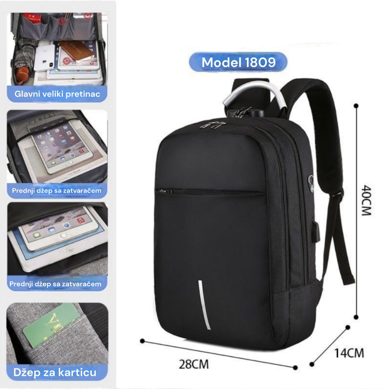 Ruksak sa više pretinaca + usb priključak 1809 ( 2 boje ) - Feniks-shop