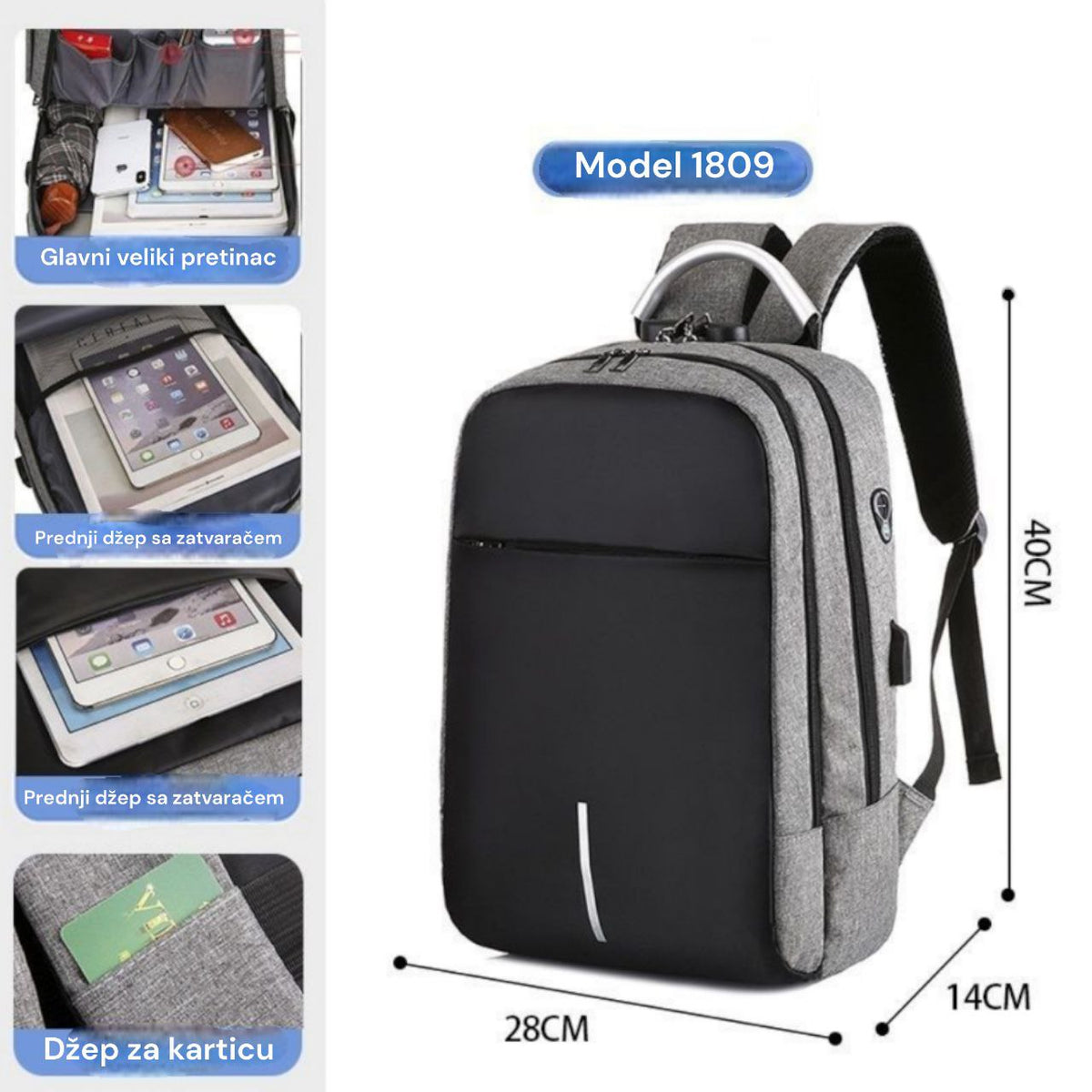 Ruksak sa više pretinaca + usb priključak 1809 ( 2 boje ) - Feniks-shop