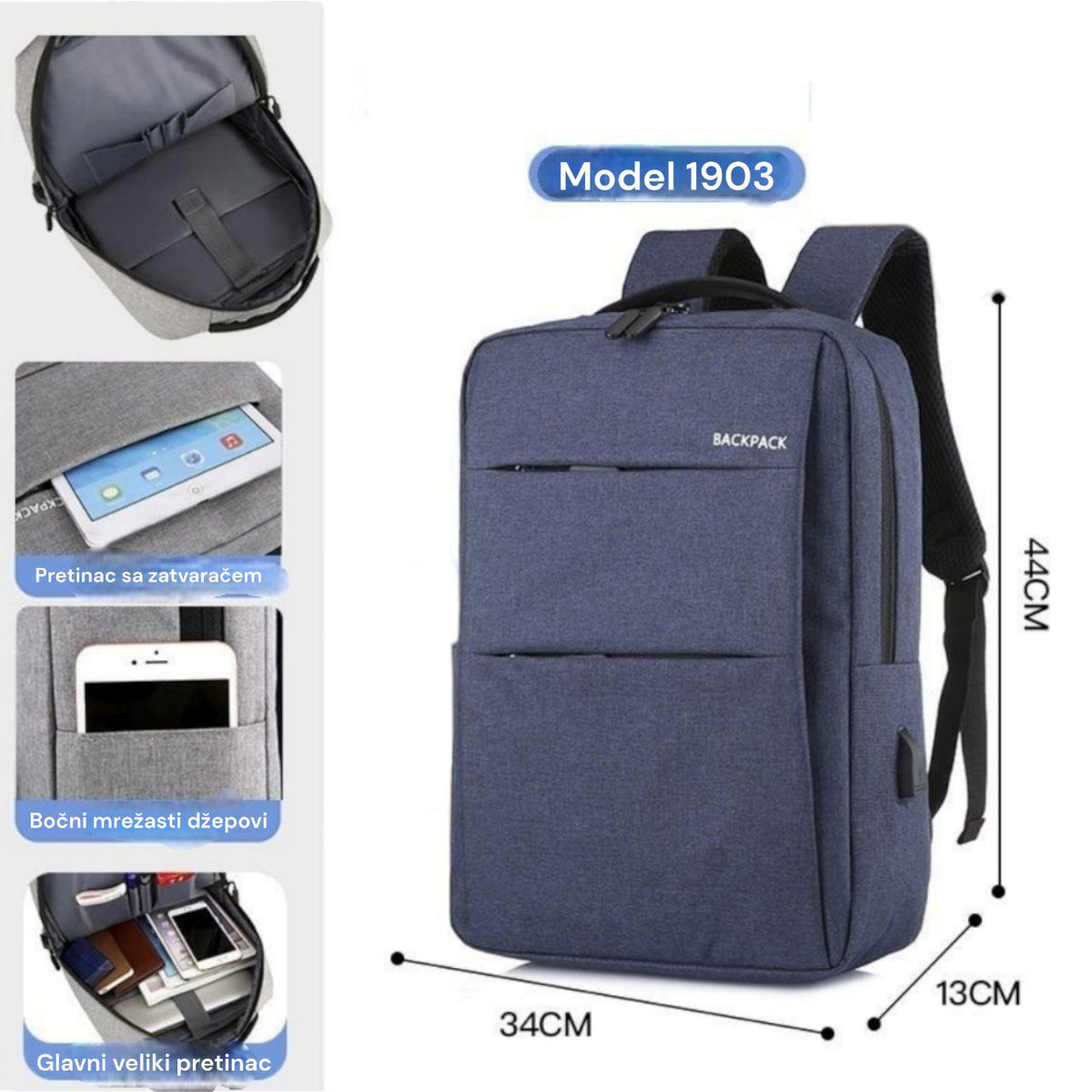 Ruksak sa više pretinaca + usb priključak 1903 ( 3 boje ) - Feniks-shop
