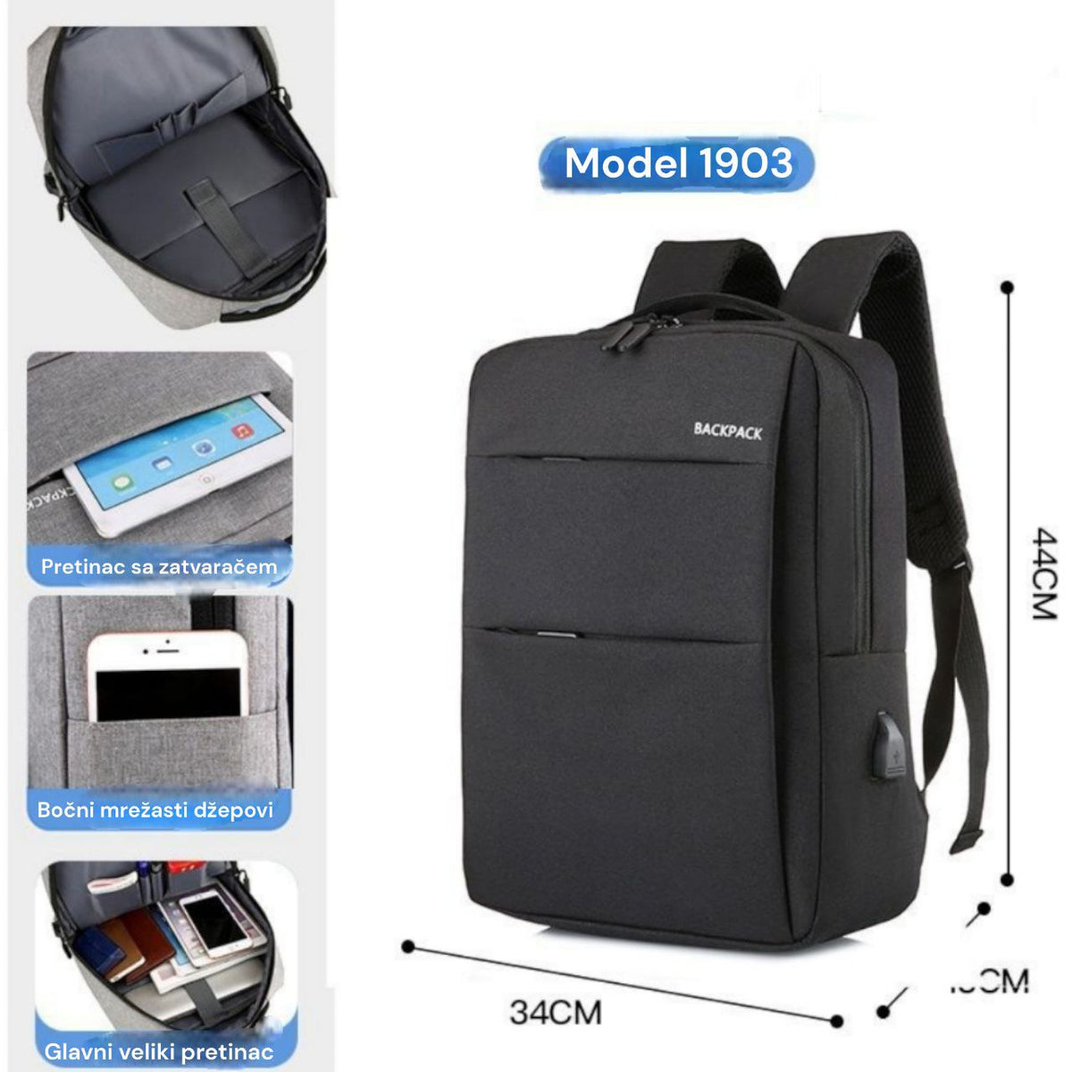 Ruksak sa više pretinaca + usb priključak 1903 ( 3 boje ) - Feniks-shop