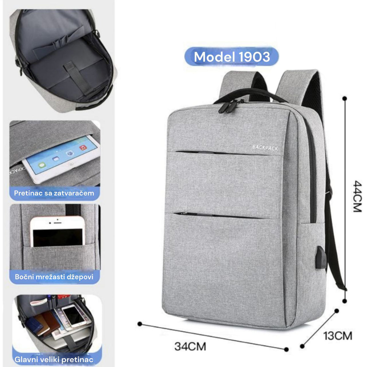 Ruksak sa više pretinaca + usb priključak 1903 ( 3 boje ) - Feniks-shop