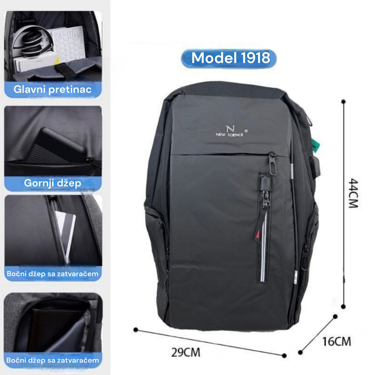 Ruksak sa više pretinaca + usb priključak 1918 ( 2 boje ) - Feniks-shop
