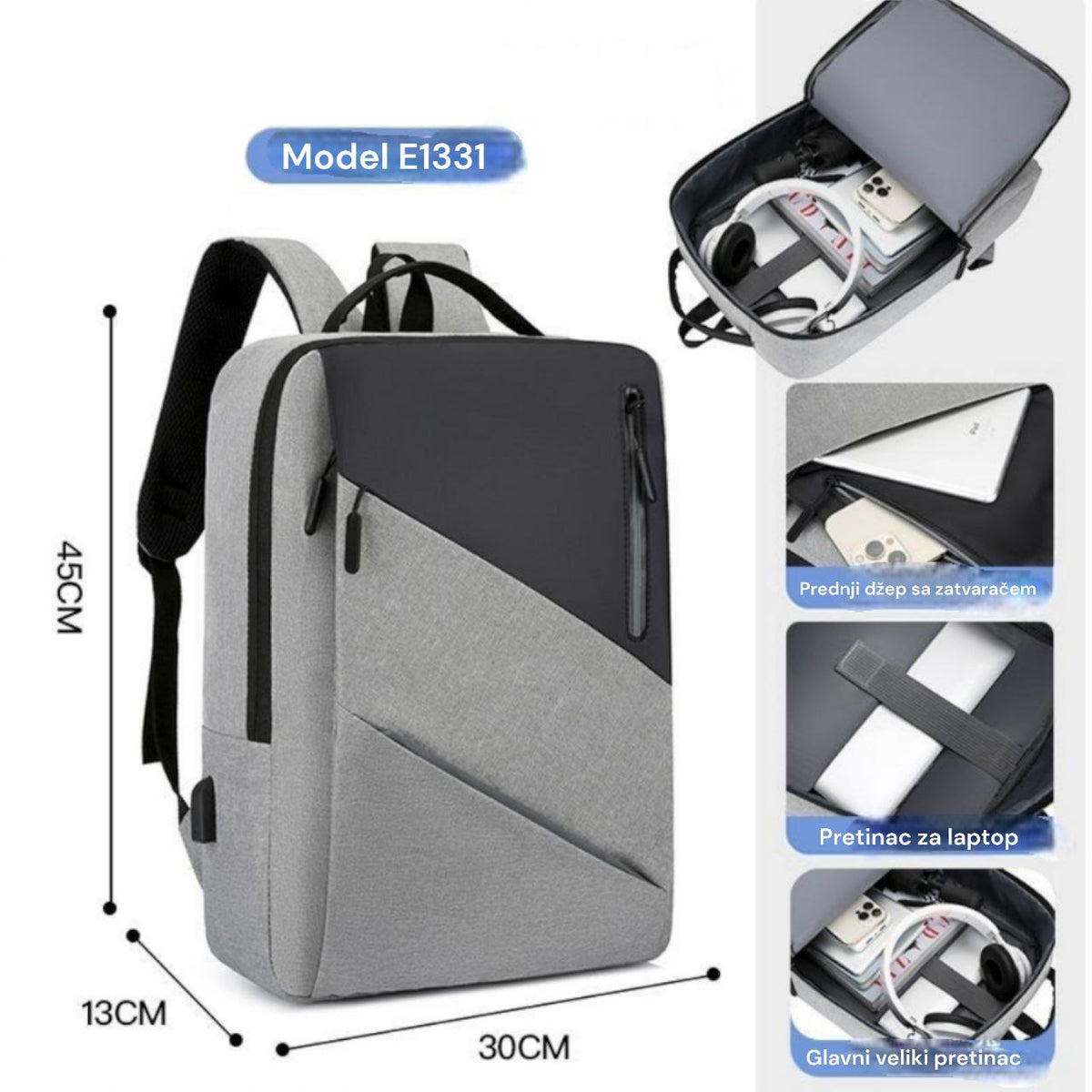 Ruksak sa više pretinaca + usb priključak E1331 ( 2 boje ) - Feniks-shop