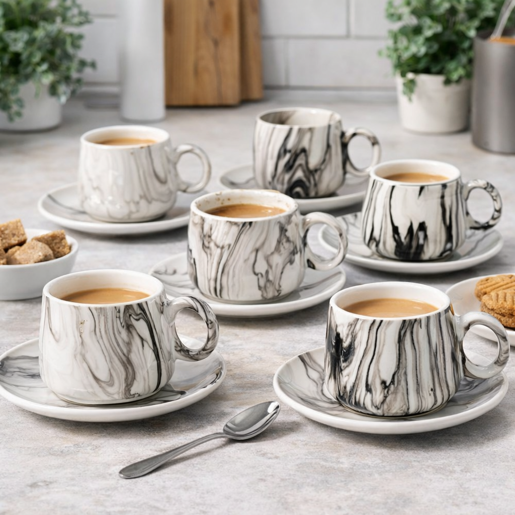 Set od 6 šalica + tanjurići - Crne šare