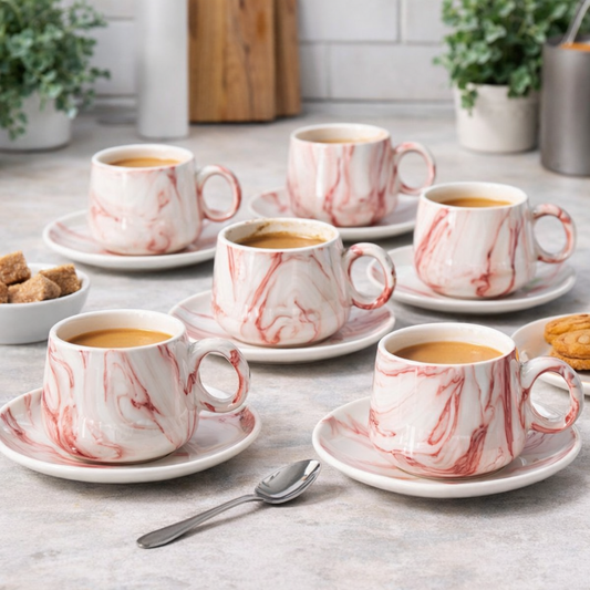 Set od 6 šalica + tanjurići - Crvene šare