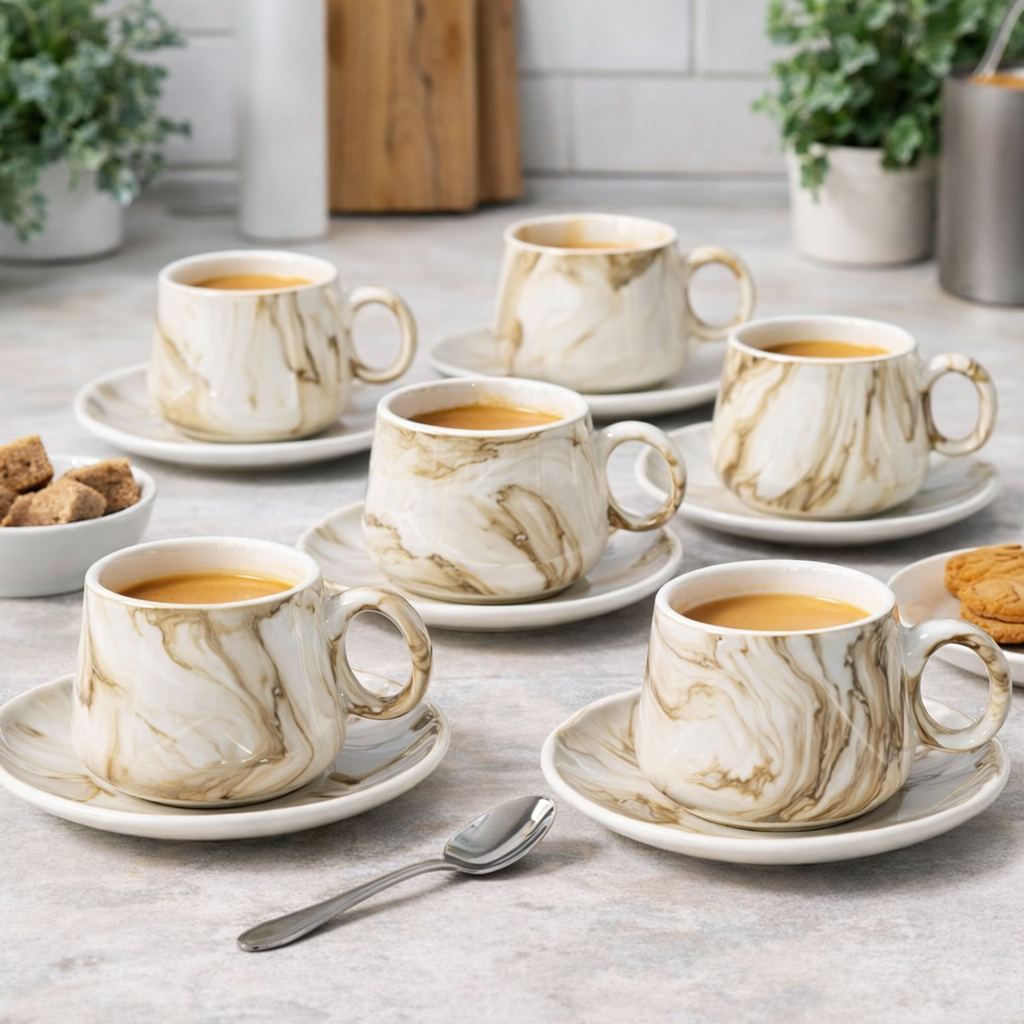 Set od 6 šalica + tanjurići - Smeđe šare