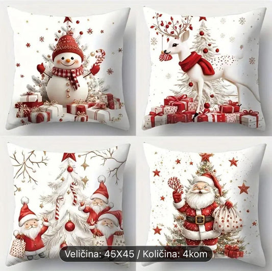 Set od 4 božićne jastučnice - Bijele - crvene 45x45cm