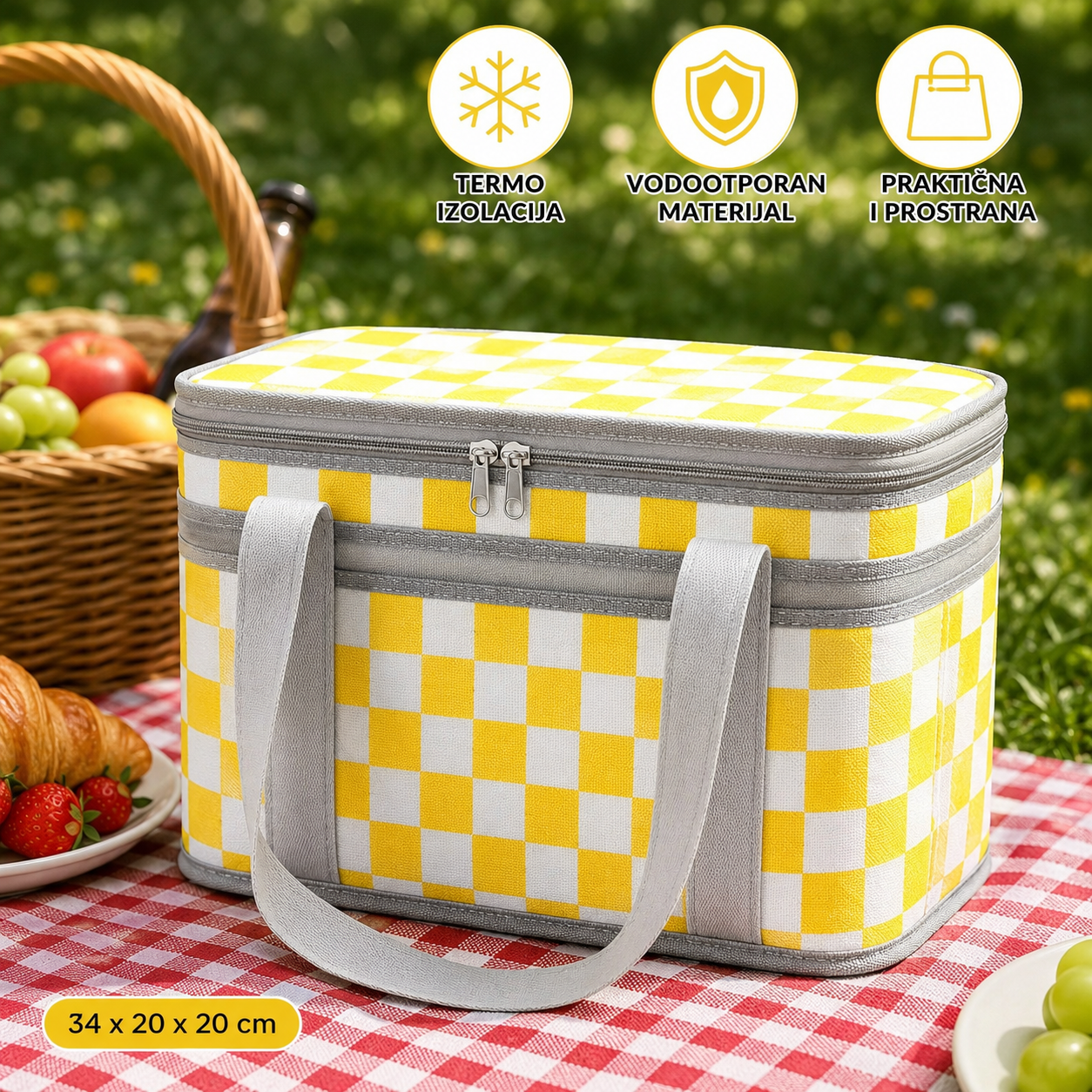 Termo piknik torba 34 × 20 × 20 cm – Rashladna termo torba za hranu i piće | Žuta