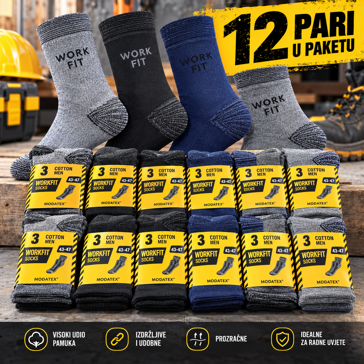 Work Fit muške radne čarape – 12 pari