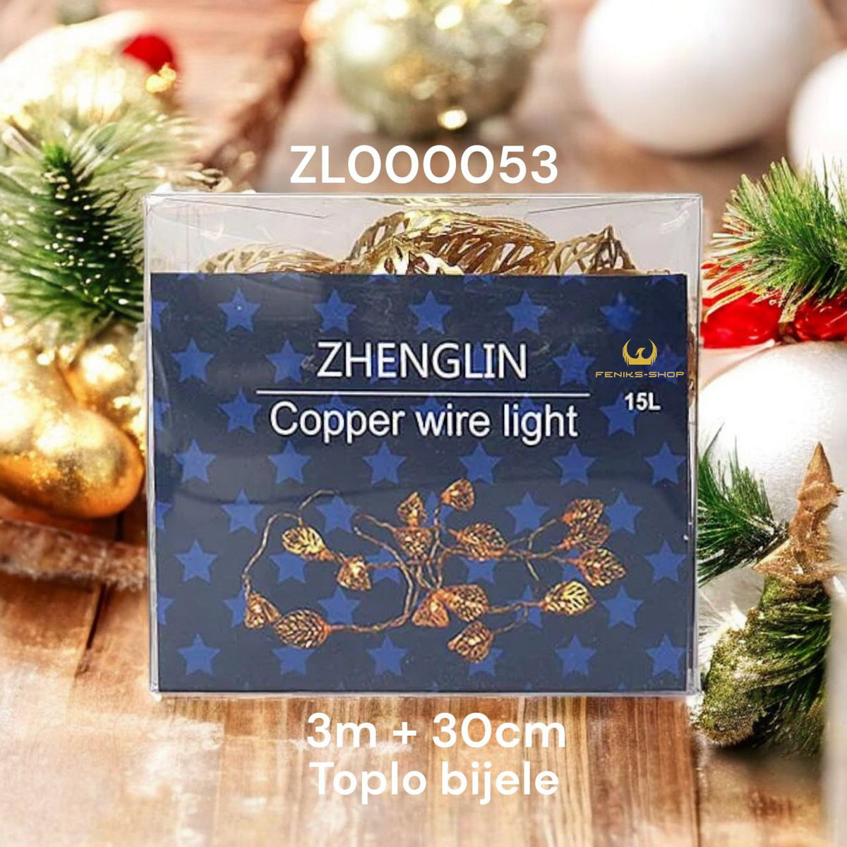 Božićne lampice limovi toplo bijele 3M + 30CM na baterije - Feniks-shop