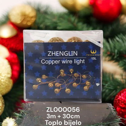 Božićne zlatne metalne kuglice lampice 15 kom 3M + 30CM toplo bijele na baterije - Feniks-shop