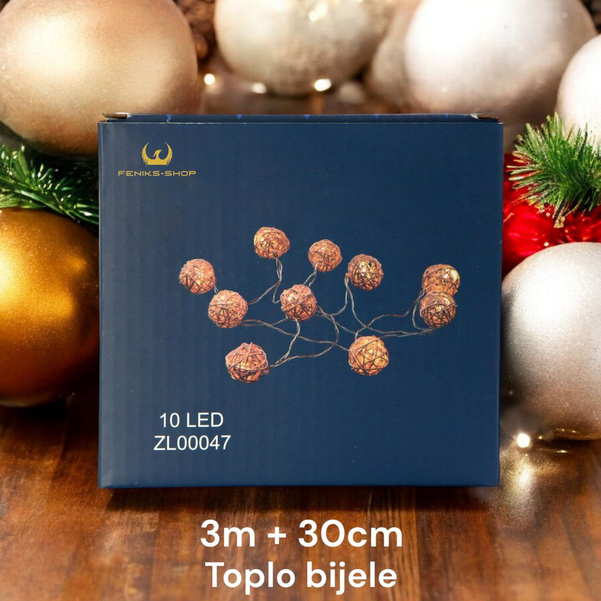 Božićne ratan kugle toplo bijele 3M + 30CM na baterije - Feniks-shop
