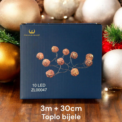Božićne ratan kugle toplo bijele 3M + 30CM na baterije - Feniks-shop