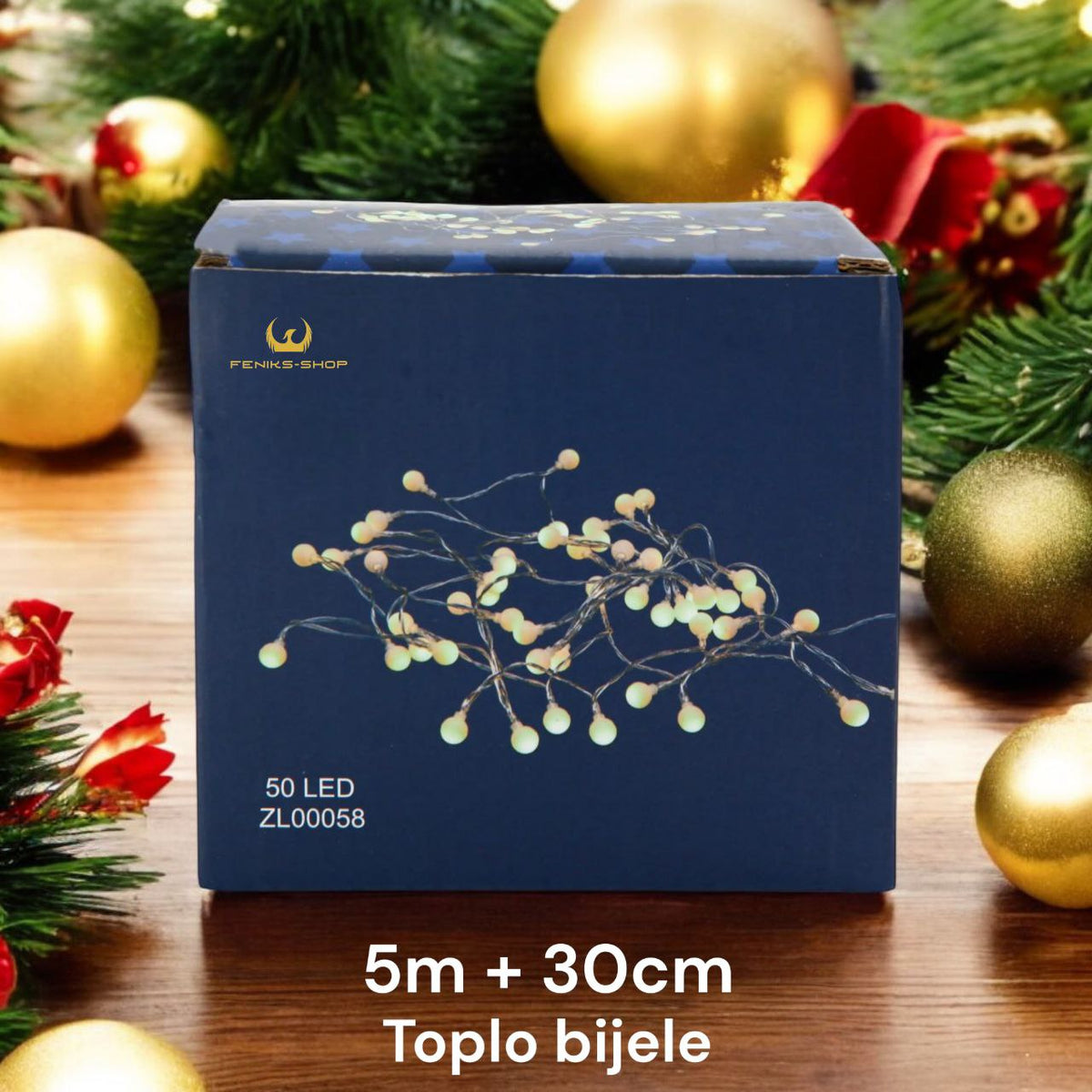 Božićne kuglice lampice 50 kom 5M + 30CM toplo bijele na baterije - Feniks-shop