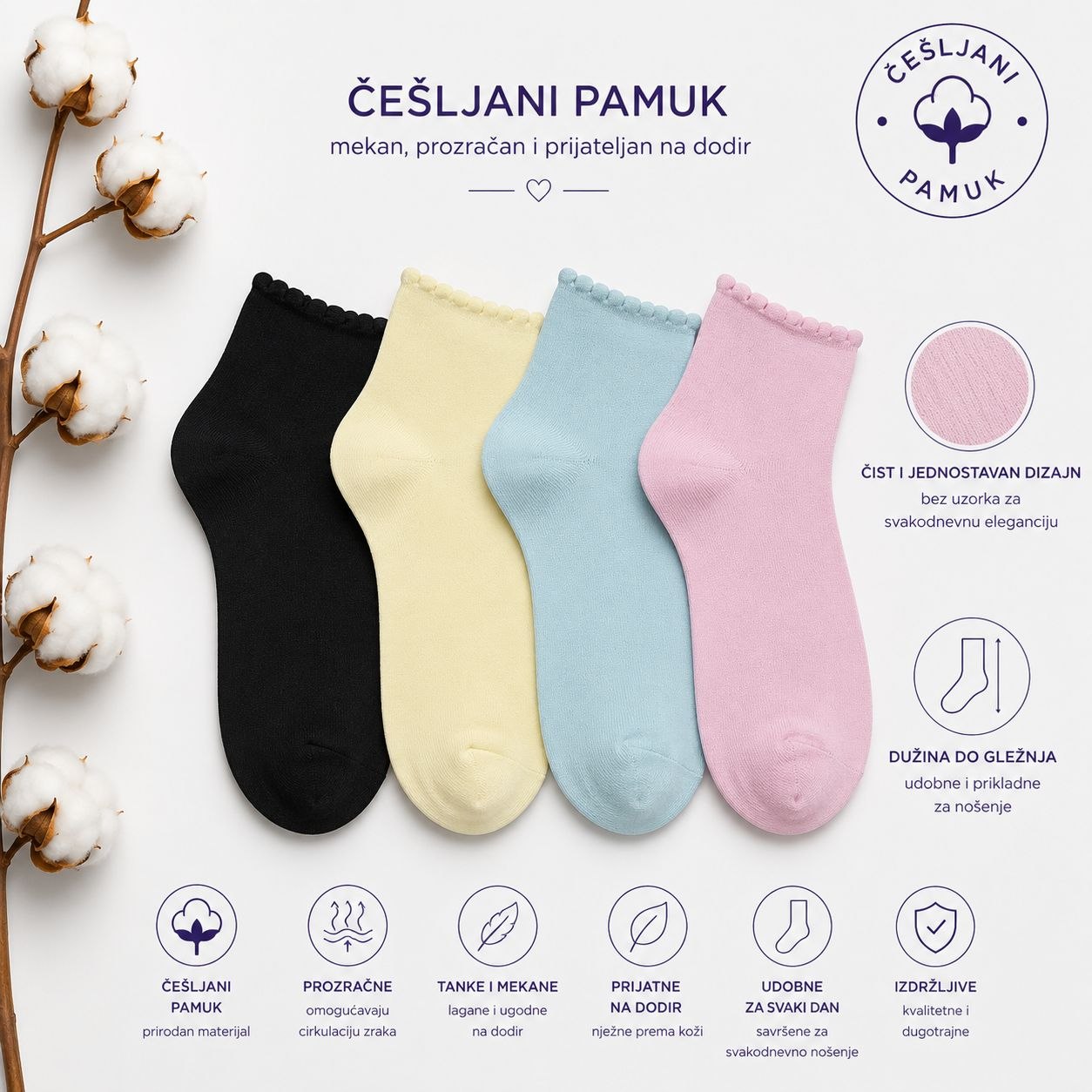 Ženske tanke pamučne čarape Soft Pearl 12 pari