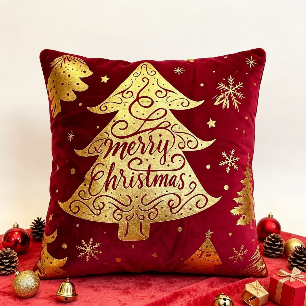 Božićna pliš jastučnica Zlatni bor Merry Christmas 45x45 cm