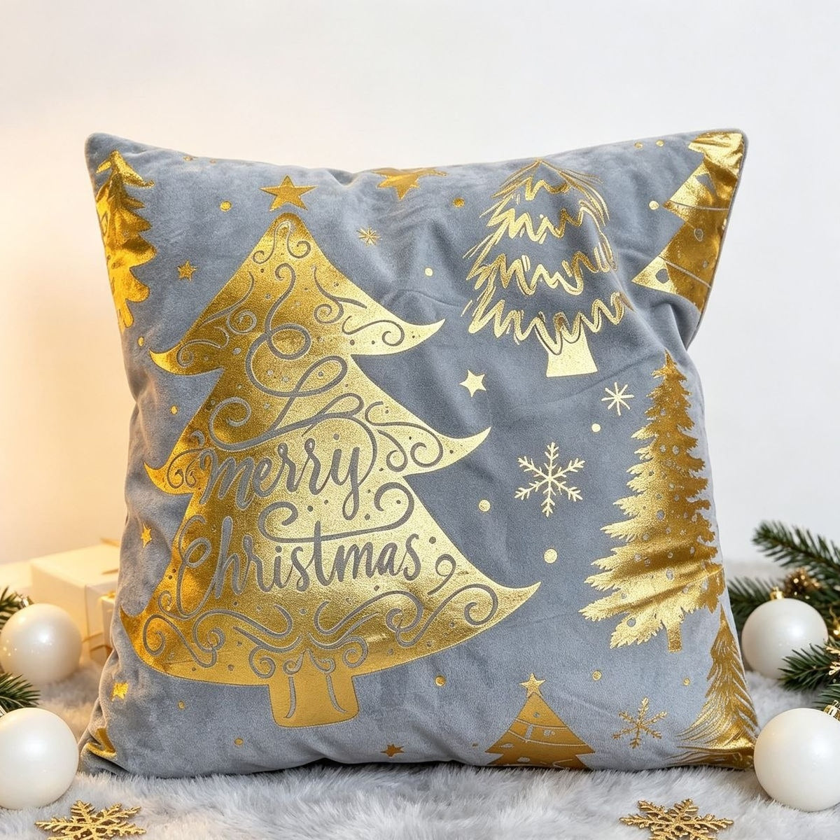 Božićna pliš jastučnica Zlatni bor Merry Christmas 45x45 cm